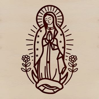 A simple line drawing of the Virgin Mary surrounded by ornate floral patterns.