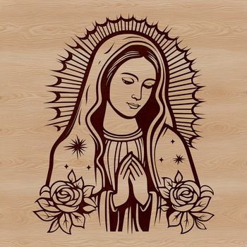 A traditional depiction of the Virgin Mary in ornate floral garb, suitable for various uses.