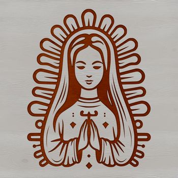 A detailed illustration of the Virgin Mary, a central figure in Christianity, with ornate details and intricate design.