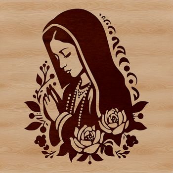 A depiction of the Virgin Mary in ornate attire with floral patterns and symbolism, suitable for religious contexts.
