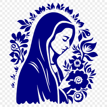 Ornate illustration of the Virgin Mary surrounded by floral elements.