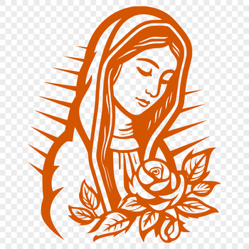 A detailed illustration of the Virgin Mary in an ornate floral setting.