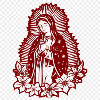 A stylized illustration of the Virgin Mary with ornate floral patterns in her robes.