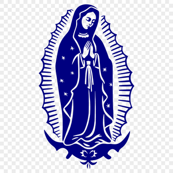 A detailed illustration of the Virgin Mary in full-body form, depicted in traditional religious attire.