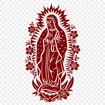 A detailed illustration of the Virgin Mary in traditional ornate attire, surrounded by floral patterns and symbolism.