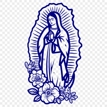 A detailed illustration of the Virgin Mary in traditional ornate attire, surrounded by floral patterns.