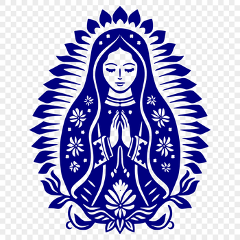 An ornate illustration of the Virgin Mary surrounded by floral patterns.