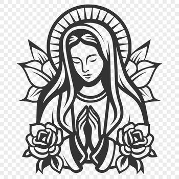 Vector depiction of Our Lady of Guadalupe in a decorative style featuring flowers and foliage.