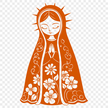 Illustration of a stylized Virgin Mary with ornate floral patterns in a religious context.