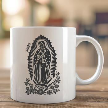 A detailed, full-body illustration of the Virgin Mary with ornate floral patterns in the background.