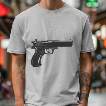A detailed illustration of a pistol with a simple background.
