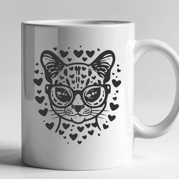 A detailed illustration of an ocelot's head with love hearts incorporated into the design.