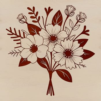 An illustration of a floral arrangement featuring various types of blooms tied together with a ribbon or stem.