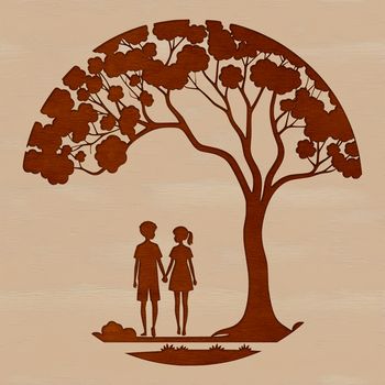 A whimsical illustration of a tree with intertwined branches and roots symbolizing love and connection.