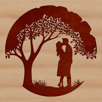 Couple embracing under a stylized tree with curved branches and roots, suitable for Valentine's Day or wedding designs.