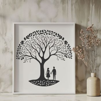 A stylized illustration of a tree with intertwined lovers, suitable for wedding or Valentine's Day designs.