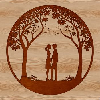 An ornate, vector design featuring a couple embracing beneath the foliage of a lush tree.