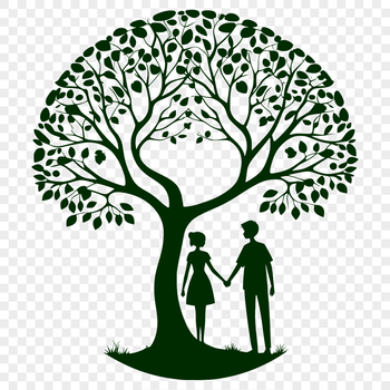 A stylized illustration of two intertwined trees with leaves and branches, symbolizing love and connection.