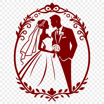 A stylized illustration of a bride and groom standing together, with floral patterns and decorations surrounding them.