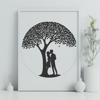 A stylized illustration of a tree with intertwined branches and roots, symbolizing eternal love and unity.
