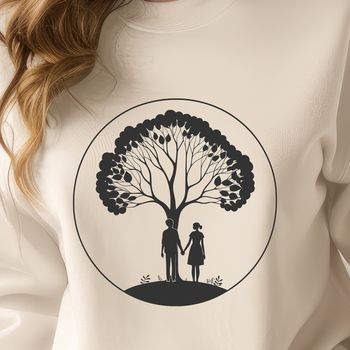 A digital illustration of a tree with intertwined branches symbolizing love and partnership.