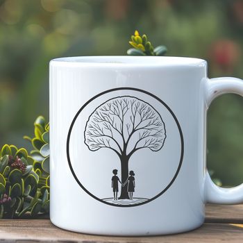 A stylized illustration of a tree with intertwined lovers' figures.