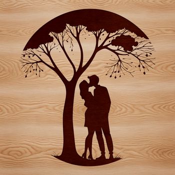 A romantic illustration of two figures embracing under the branches of a single tree, symbolizing love and unity.