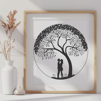 An illustration of a tree with intertwined branches, symbolizing love and unity.