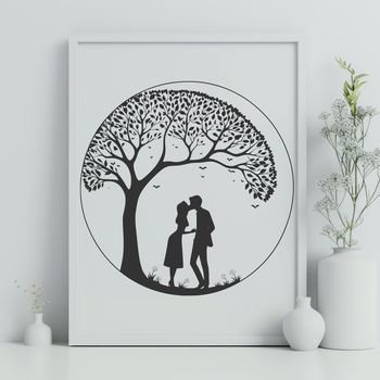 A stylized illustration of a tree with entwined lovers, perfect for Valentine's Day or wedding decorations.