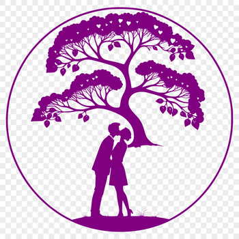 A stylized illustration of two lovers embracing under a tree, suitable for wedding or Valentine's Day decorations.