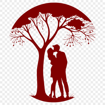 A stylized illustration of two lovers embracing under a tree, symbolizing love and unity.