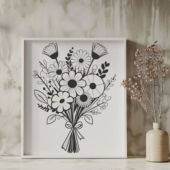 A stylized bouquet with various flowers and foliage elements.