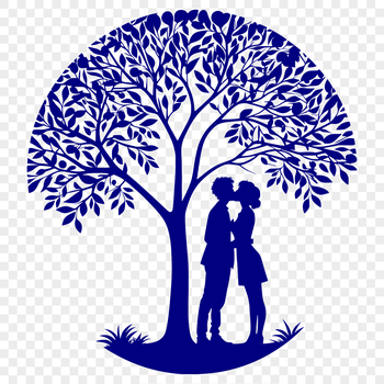 An illustration of a couple embracing under a blooming tree, symbolizing love and connection.