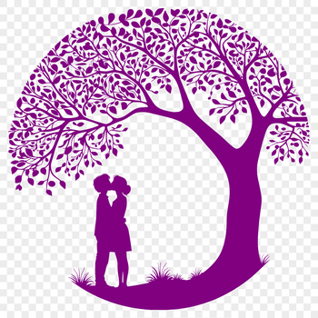 A romantic tree illustration featuring intertwined lovers with their lips locked in a kiss.