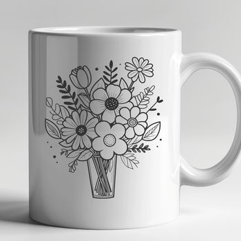 An illustration of a variety of flowers tied together with a ribbon or lace.