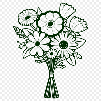 Illustration of a bouquet with various types of flowers arranged together.