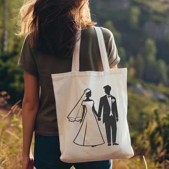 Vector illustration of a bride and groom standing together, surrounded by flowers and foliage.