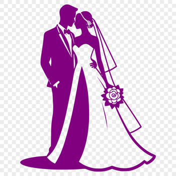 A stylized illustration of a wedding ceremony with the bride and groom in the center.