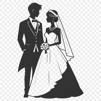 A custom illustration of a bride and groom exchanging vows on their wedding day.