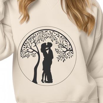 An illustration of intertwined lovers under a blooming tree branch, suitable for Valentine's Day or wedding decorations.