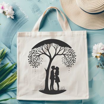 Illustrated illustration of a tree with embracing lovers sharing a kiss under its branches.