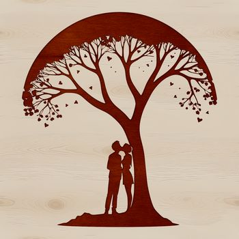 A stylized illustration of a tree with two lovers sharing a romantic kiss at its base.