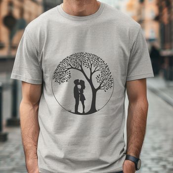 A stylized illustration of a tree with two embracing figures, suitable for weddings or Valentine's Day.