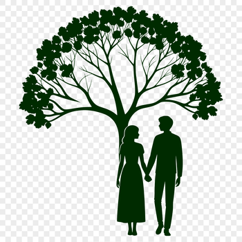 A stylized illustration of a tree with intertwined lovers at its base, suitable for wedding and valentine's day designs.