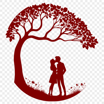 A pair of lovers embracing under a blooming tree branch.