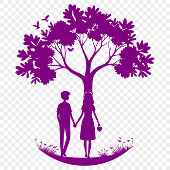 A stylized illustration of two people embracing beneath a tree branch.