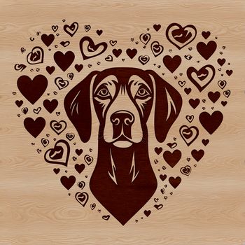 A vector illustration of a Weimaraner dog breed with heart symbols surrounding its body.