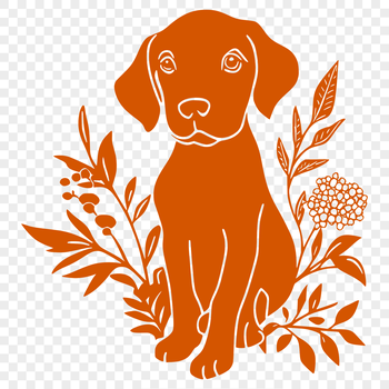 A portrait illustration of a Weimaraner dog in a floral setting.