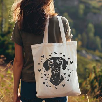 A digital illustration of a Weimaraner dog breed with love hearts incorporated into the design.