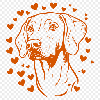 A portrait illustration of a Weimaraner breed dog with heart-shaped designs surrounding its face.